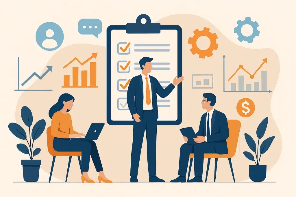 Flat-style illustration of diverse business consultants collaborating on strategy, finance, and digital solutions in a modern office setting.