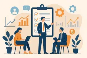 Flat-style illustration of diverse business consultants collaborating on strategy, finance, and digital solutions in a modern office setting.
