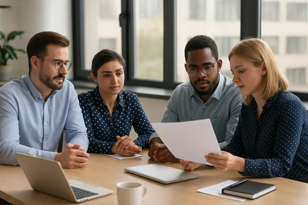 Four diverse business professionals discussing documents during a consulting meeting in a modern office setting.