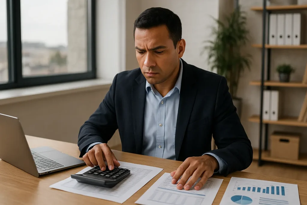 Professional accountant analyzing financial documents and using a calculator at a modern office desk, representing top accounting services.